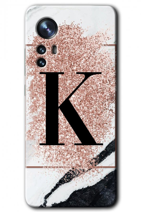 Xiaomi Mi 12 Kılıf HD Desen Baskılı Arka Kapak - Pembe Mermer Desenli K Harfi