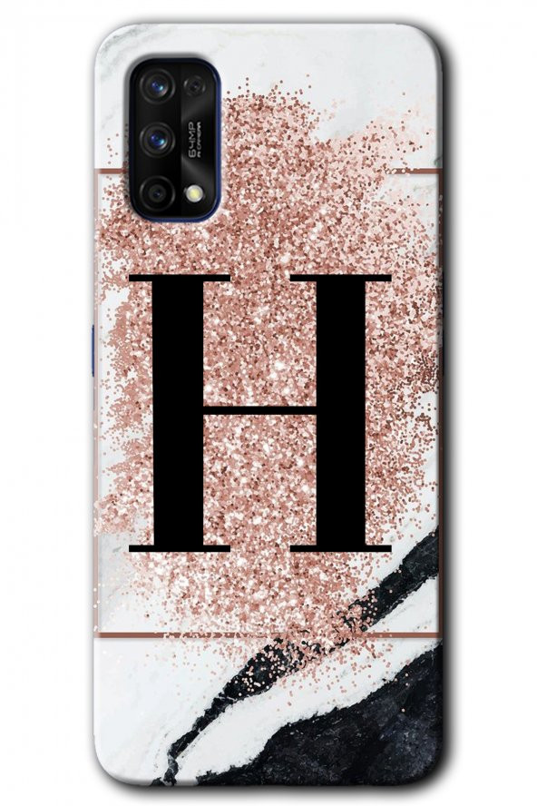 Realme 7 Pro Kılıf HD Desen Baskılı Arka Kapak - Pembe Mermer Desenli H Harfi
