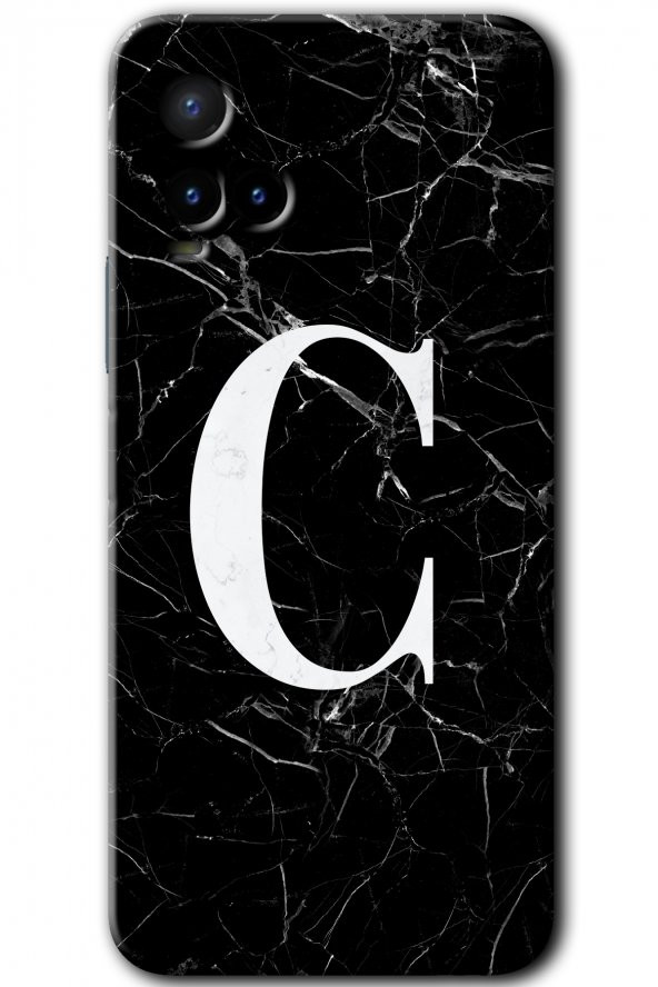 Vivo Y21 Kılıf HD Desen Baskılı Arka Kapak - Siyah Mermer Desenli C Harfi