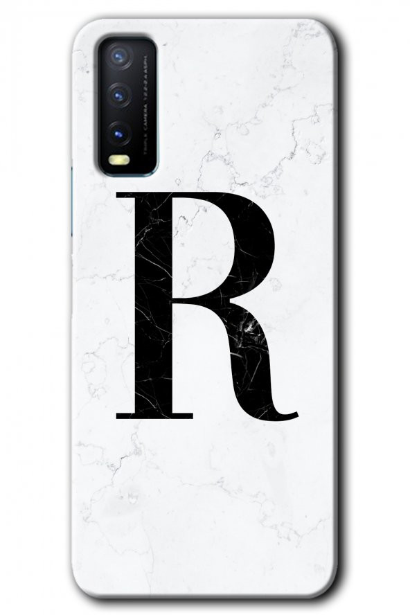 Vivo Y11s Kılıf HD Desen Baskılı Arka Kapak - Beyaz Mermer Desenli R Harfi