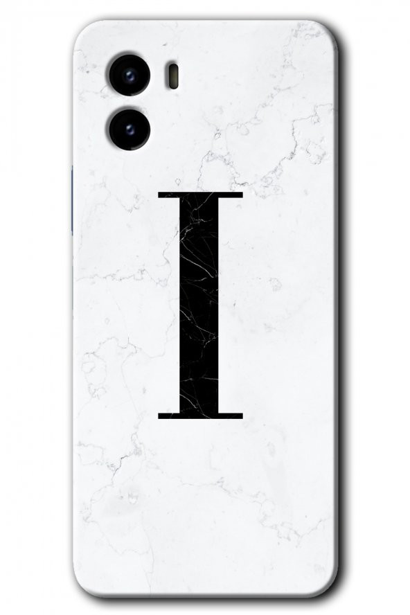 Vivo Y15s Kılıf HD Desen Baskılı Arka Kapak - Beyaz Mermer Desenli I Harfi