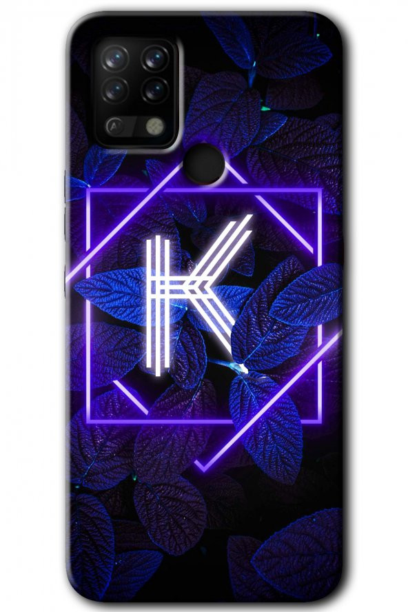Tecno Pova Kılıf HD Desen Baskılı Arka Kapak - Dark Neon Yaprak K Harfi
