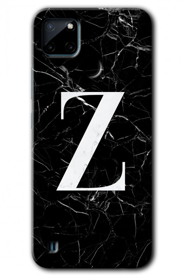 Realme C21 Kılıf HD Desen Baskılı Arka Kapak - Siyah Mermer Desenli Z Harfi