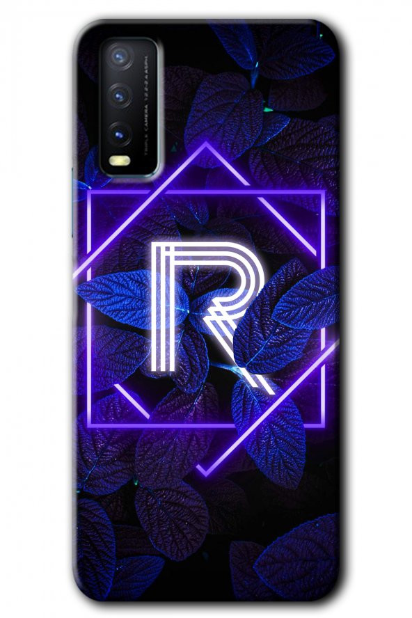 Vivo Y20s Kılıf HD Desen Baskılı Arka Kapak - Dark Neon Yaprak R Harfi
