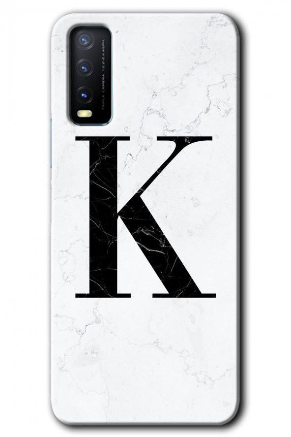 Vivo Y11s Kılıf HD Desen Baskılı Arka Kapak - Beyaz Mermer Desenli K Harfi