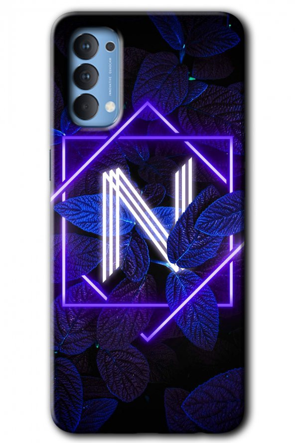 Oppo Reno 4 Kılıf HD Desen Baskılı Arka Kapak - Dark Neon Yaprak N Harfi - 1