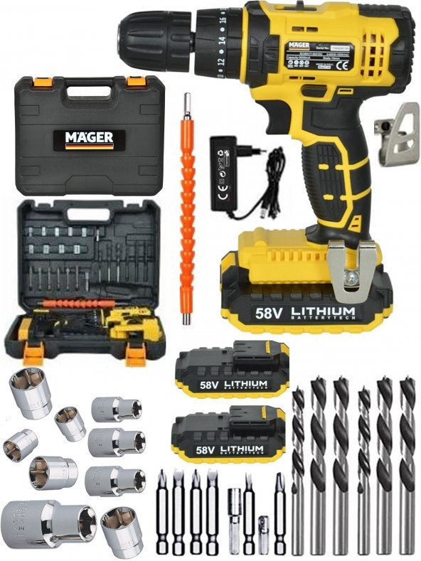 Mager Germany Thechnology 58 W 5 Ah Darbeli Çift Akülü 24 Parça Setli Çantalı Şarjlı Vidalama Matkap