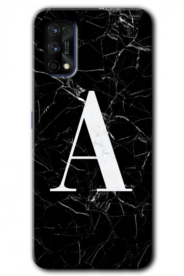 Realme 7 Pro Kılıf HD Desen Baskılı Arka Kapak - Siyah Mermer Desenli A Harfi