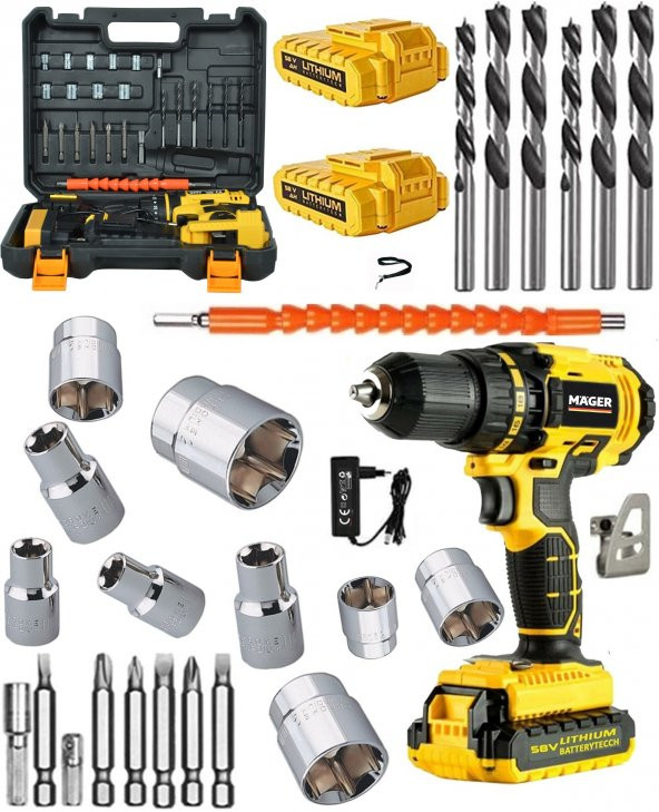 Mager Germany 58 V  8 Ah Ah Çelik Şanzuman Bakır Sargılı Çift Akülü Şarjlı Matkap Vidalama 27 Parça Set