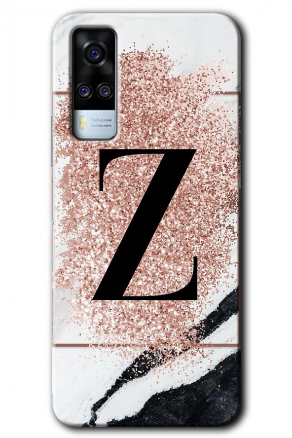Vivo Y51a Kılıf HD Desen Baskılı Arka Kapak - Pembe Mermer Desenli Z Harfi
