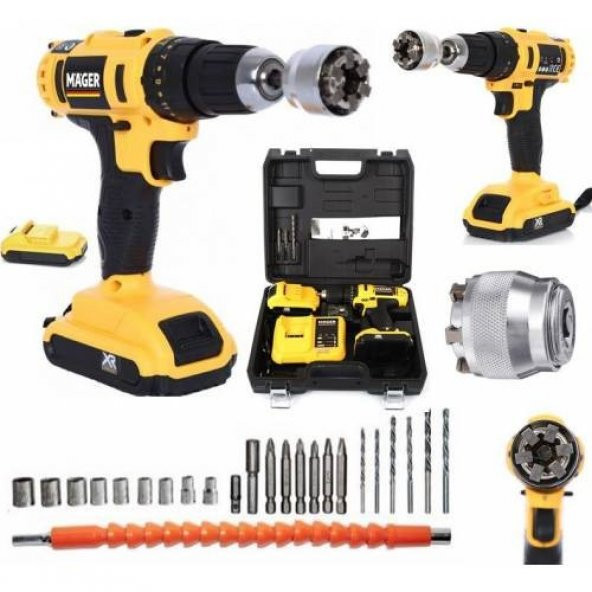 Mager 32 V 5 AH Darbeli Çift Akülü Matkap Ve Socket PRO + 27 Parça Prof Usta Set Hediye