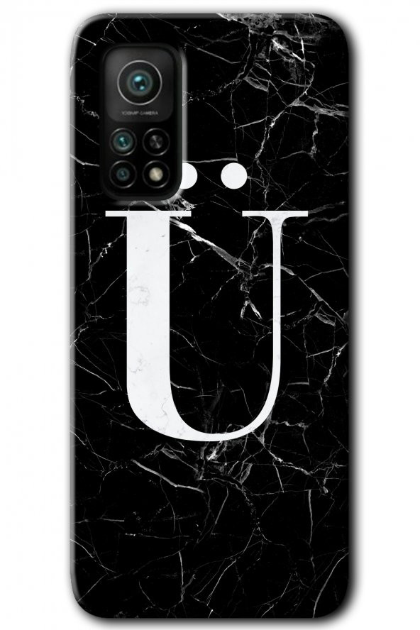 Xiaomi Mi 10T Kılıf HD Desen Baskılı Arka Kapak - Siyah Mermer Desenli Ü Harfi