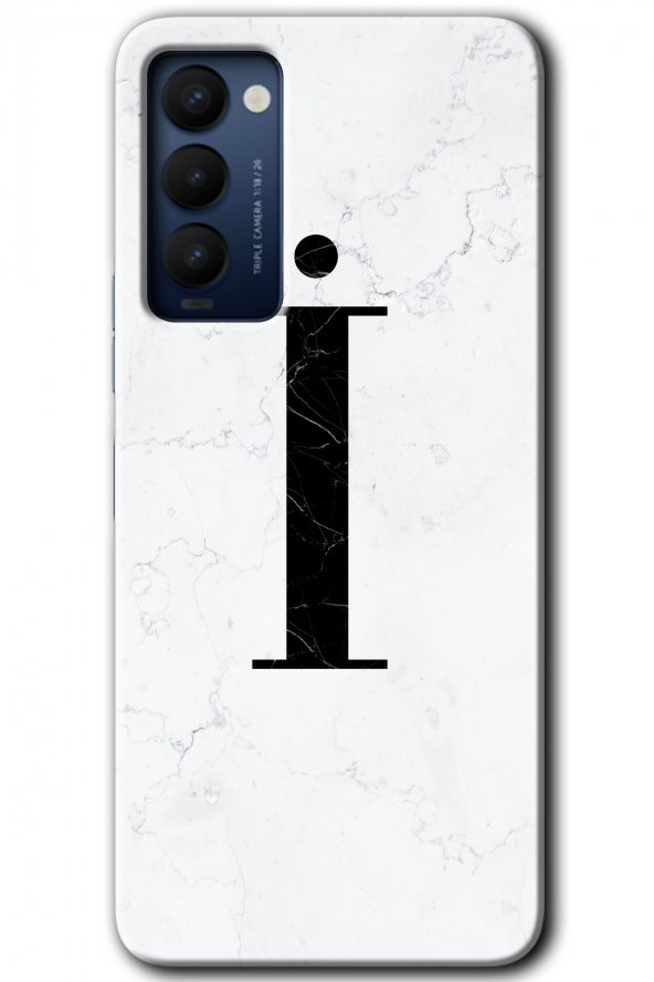 Tecno Camon 18 Kılıf HD Desen Baskılı Arka Kapak - Beyaz Mermer Desenli İ Harfi