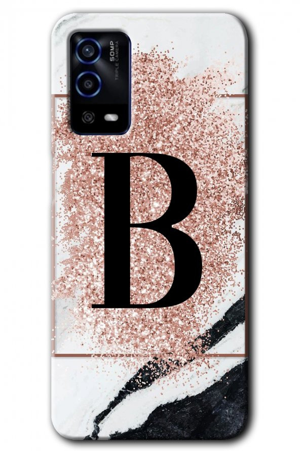 Oppo A55 Kılıf HD Desen Baskılı Arka Kapak - Pembe Mermer Desenli B Harfi