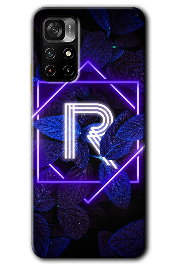 Redmi Note 11T Kılıf HD Desen Baskılı Arka Kapak - Dark Neon Yaprak R Harfi