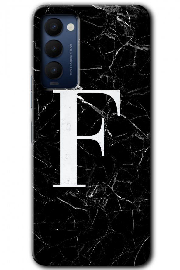 Tecno Camon 18 Kılıf HD Desen Baskılı Arka Kapak - Siyah Mermer Desenli F Harfi