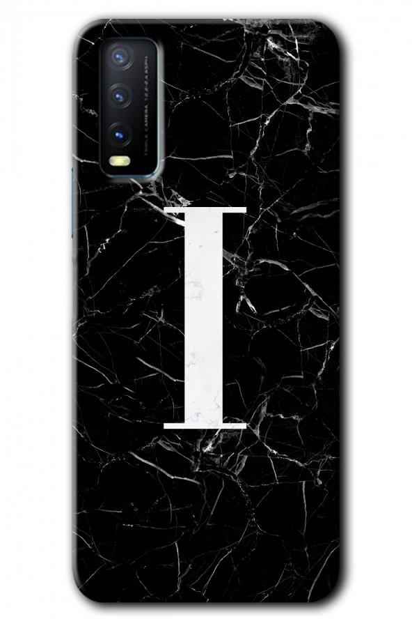 Vivo Y11s Kılıf HD Desen Baskılı Arka Kapak - Siyah Mermer Desenli I Harfi