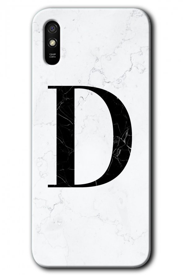 Redmi 9A Kılıf HD Desen Baskılı Arka Kapak - Beyaz Mermer Desenli D Harfi