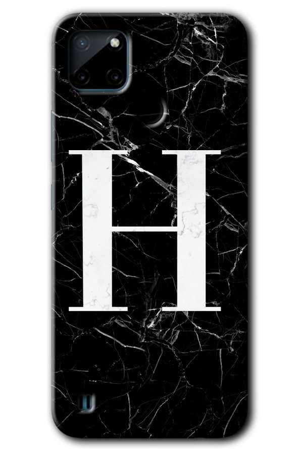 Realme C21 Kılıf HD Desen Baskılı Arka Kapak - Siyah Mermer Desenli H Harfi