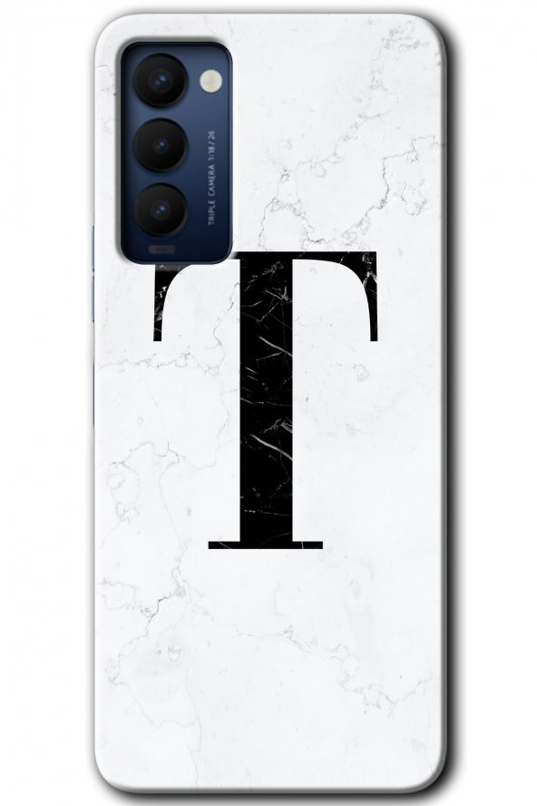 Tecno Camon 18 Kılıf HD Desen Baskılı Arka Kapak - Beyaz Mermer Desenli T Harfi