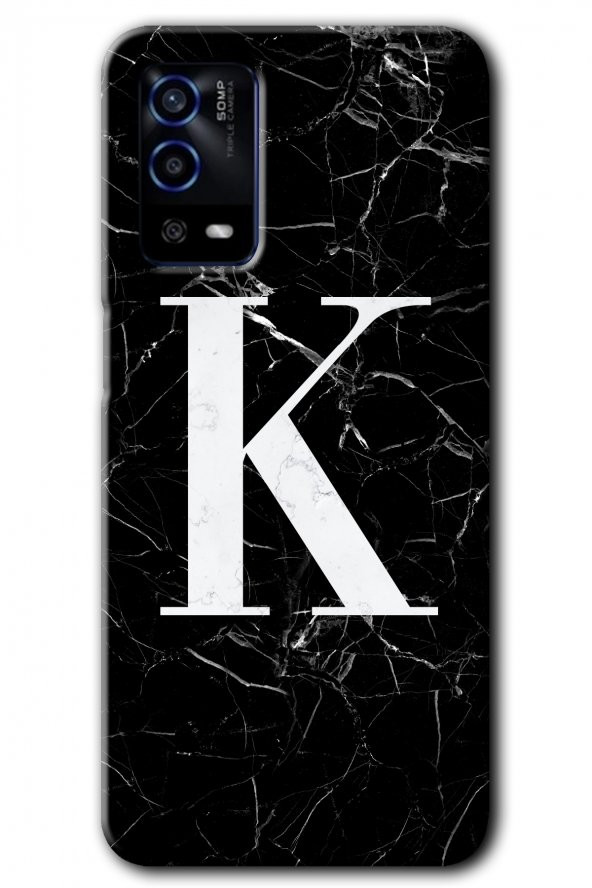 Oppo A55 Kılıf HD Desen Baskılı Arka Kapak - Siyah Mermer Desenli K Harfi