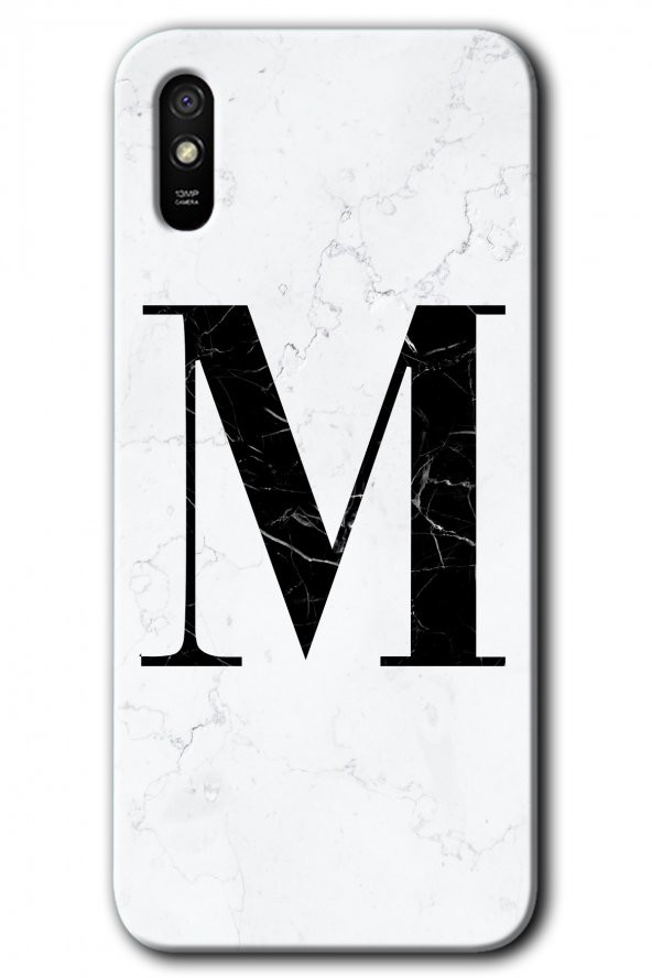Redmi 9A Kılıf HD Desen Baskılı Arka Kapak - Beyaz Mermer Desenli M Harfi