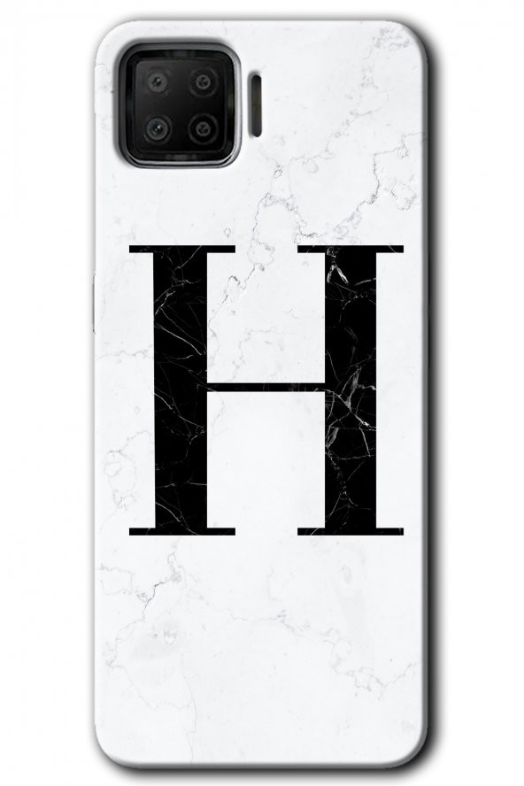 Oppo A73 Kılıf HD Desen Baskılı Arka Kapak - Beyaz Mermer Desenli H Harfi
