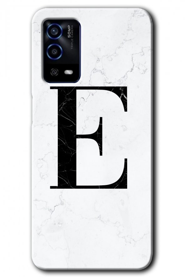 Oppo A55 Kılıf HD Desen Baskılı Arka Kapak - Beyaz Mermer Desenli E Harfi