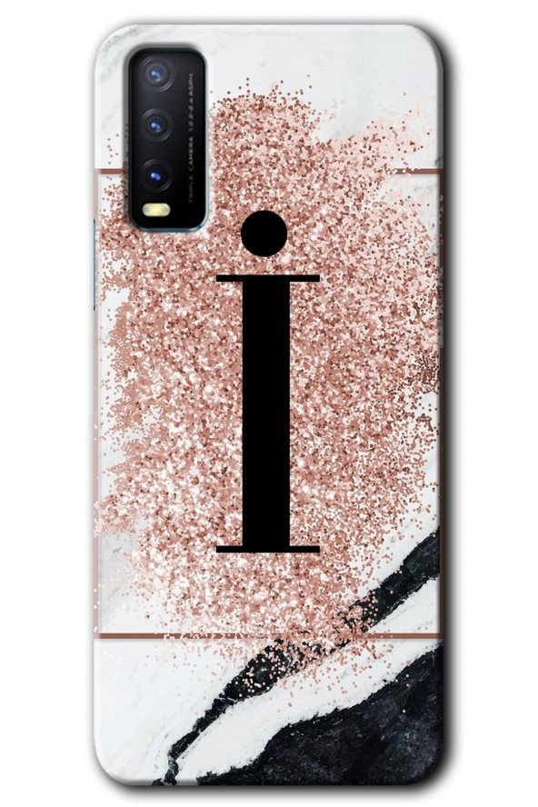 Vivo Y11s Kılıf HD Desen Baskılı Arka Kapak - Pembe Mermer Desenli İ Harfi