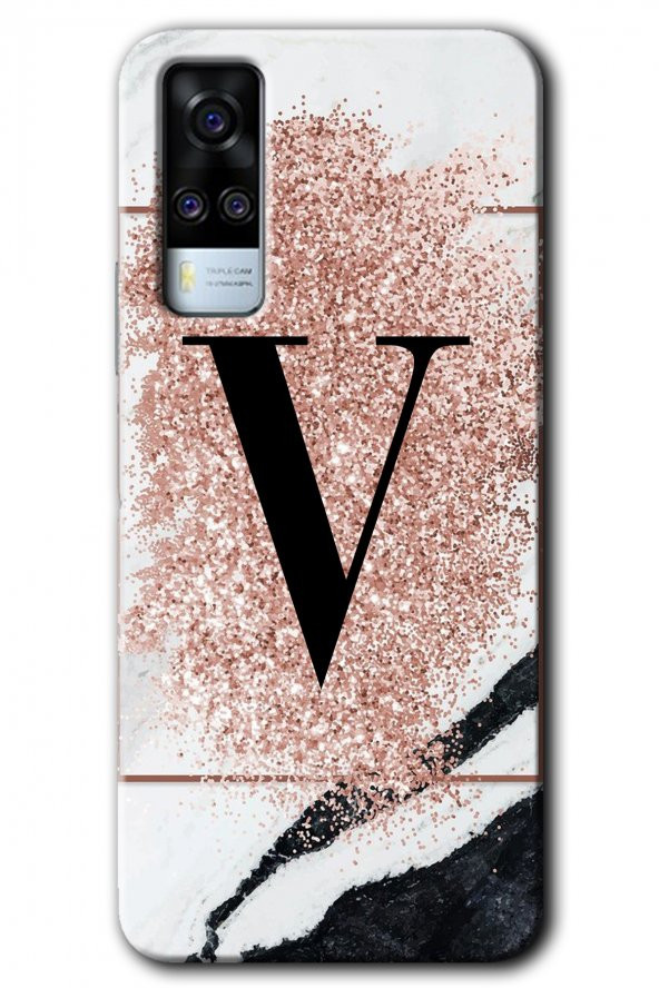 Vivo Y51a Kılıf HD Desen Baskılı Arka Kapak - Pembe Mermer Desenli V Harfi