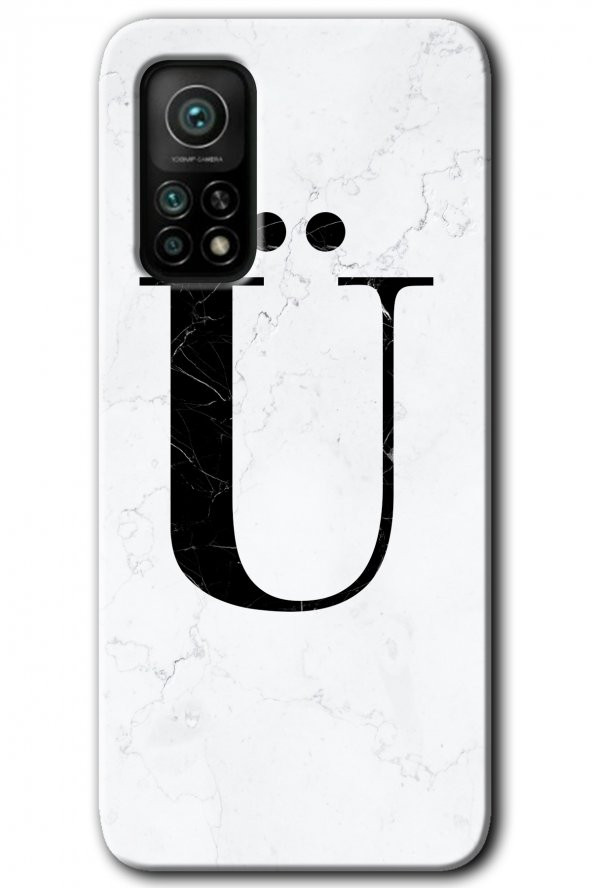 Xiaomi Mi 10T Kılıf HD Desen Baskılı Arka Kapak - Beyaz Mermer Desenli Ü Harfi