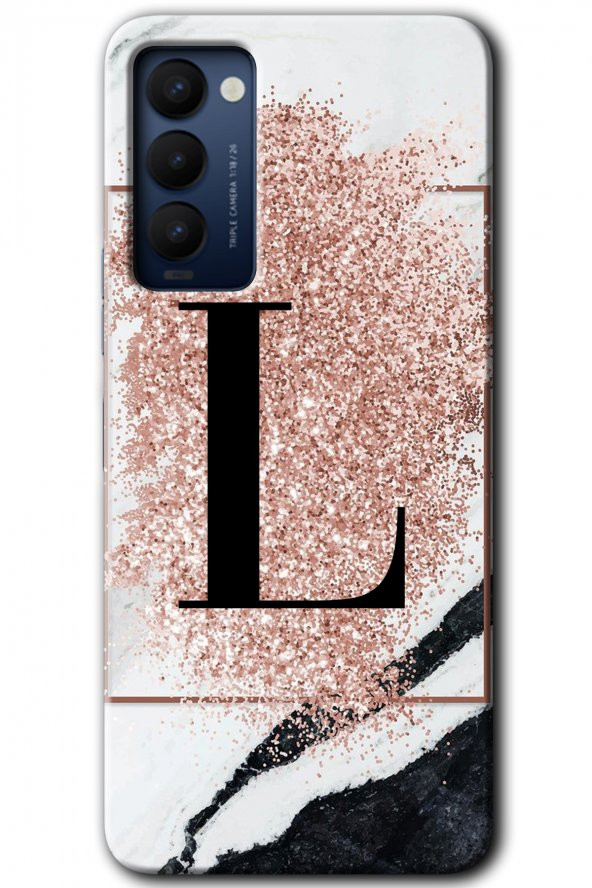 Tecno Camon 18 Kılıf HD Desen Baskılı Arka Kapak - Pembe Mermer Desenli L Harfi