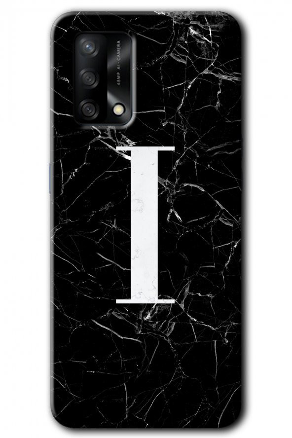 Oppo A74 Kılıf HD Desen Baskılı Arka Kapak - Siyah Mermer Desenli I Harfi