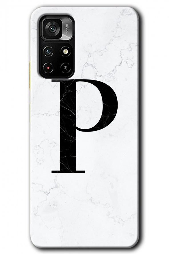 Poco M4 Pro 5G Kılıf HD Desen Baskılı Arka Kapak - Beyaz Mermer Desenli P Harfi