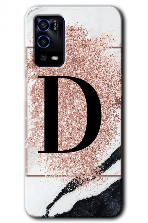 Oppo A55 Kılıf HD Desen Baskılı Arka Kapak - Pembe Mermer Desenli D Harfi