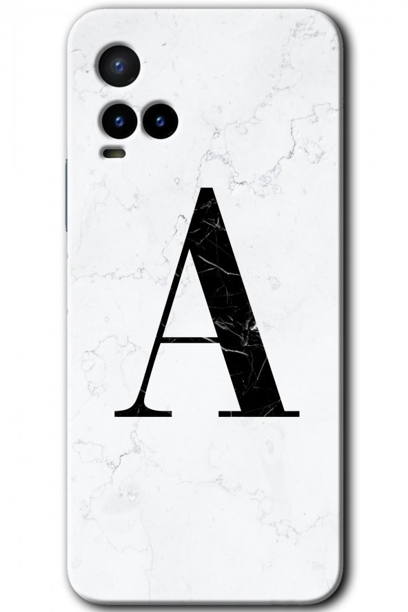 Vivo Y21 Kılıf HD Desen Baskılı Arka Kapak - Beyaz Mermer Desenli A Harfi