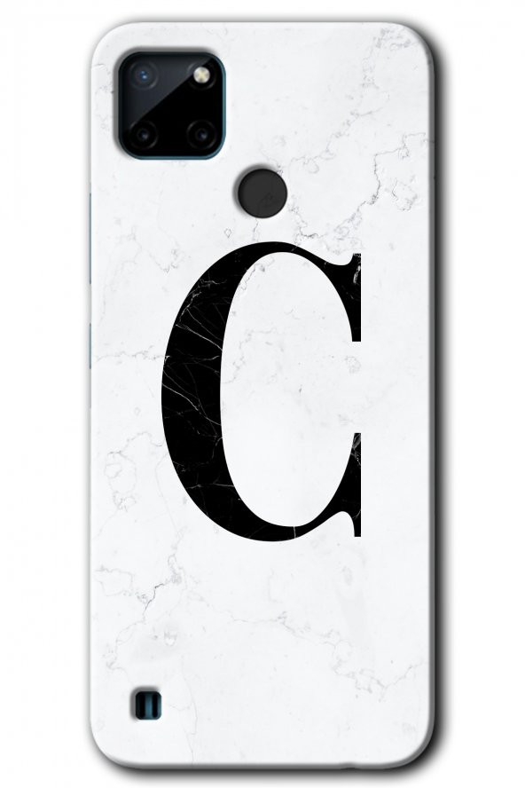 Realme C21 Kılıf HD Desen Baskılı Arka Kapak - Beyaz Mermer Desenli C Harfi