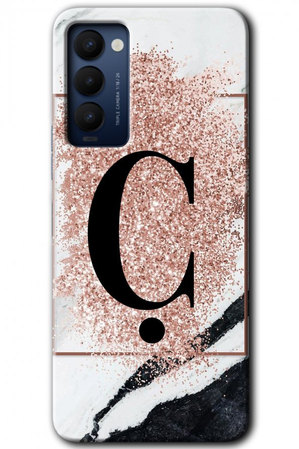 Tecno Camon 18 Kılıf HD Desen Baskılı Arka Kapak - Pembe Mermer Desenli Ç Harfi