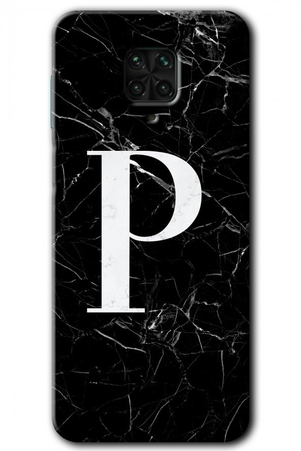 Redmi Note 9s Kılıf HD Desen Baskılı Arka Kapak - Siyah Mermer Desenli P Harfi
