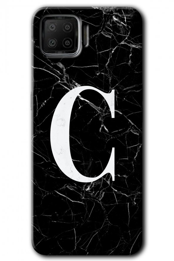 Oppo A73 Kılıf HD Desen Baskılı Arka Kapak - Siyah Mermer Desenli C Harfi