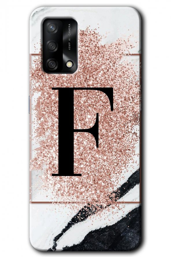Oppo A74 Kılıf HD Desen Baskılı Arka Kapak - Pembe Mermer Desenli F Harfi
