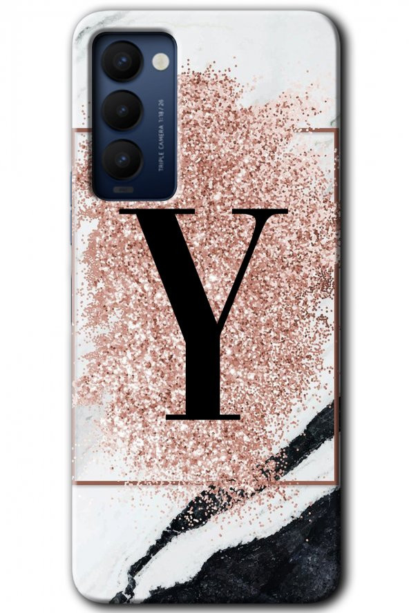 Tecno Camon 18 Kılıf HD Desen Baskılı Arka Kapak - Pembe Mermer Desenli Y Harfi