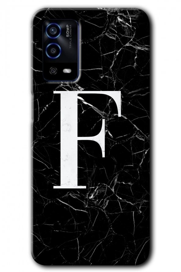 Oppo A55 Kılıf HD Desen Baskılı Arka Kapak - Siyah Mermer Desenli F Harfi