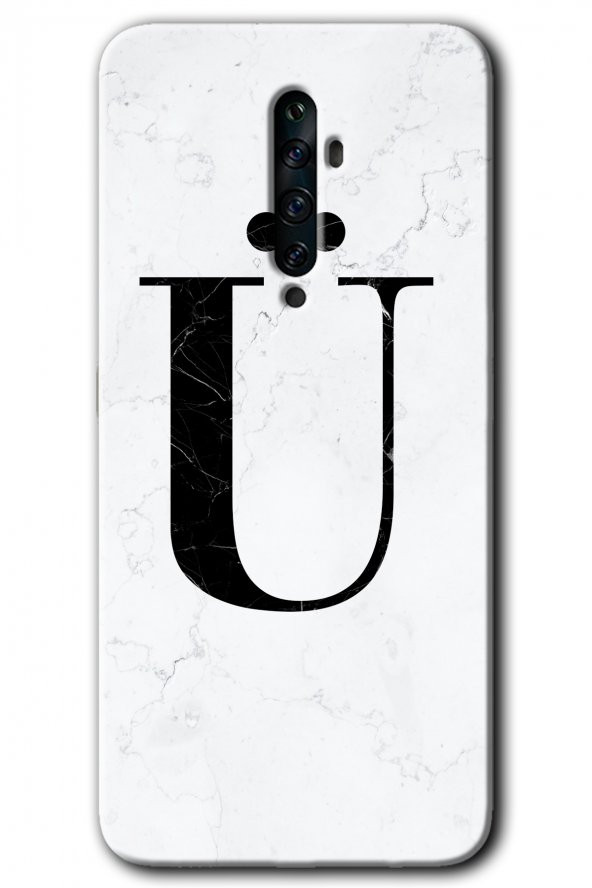 Oppo Reno 2z Kılıf HD Desen Baskılı Arka Kapak - Beyaz Mermer Desenli Ü Harfi - 1
