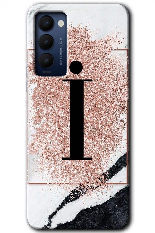 Tecno Camon 18T Kılıf HD Desen Baskılı Arka Kapak - Pembe Mermer Desenli İ Harfi