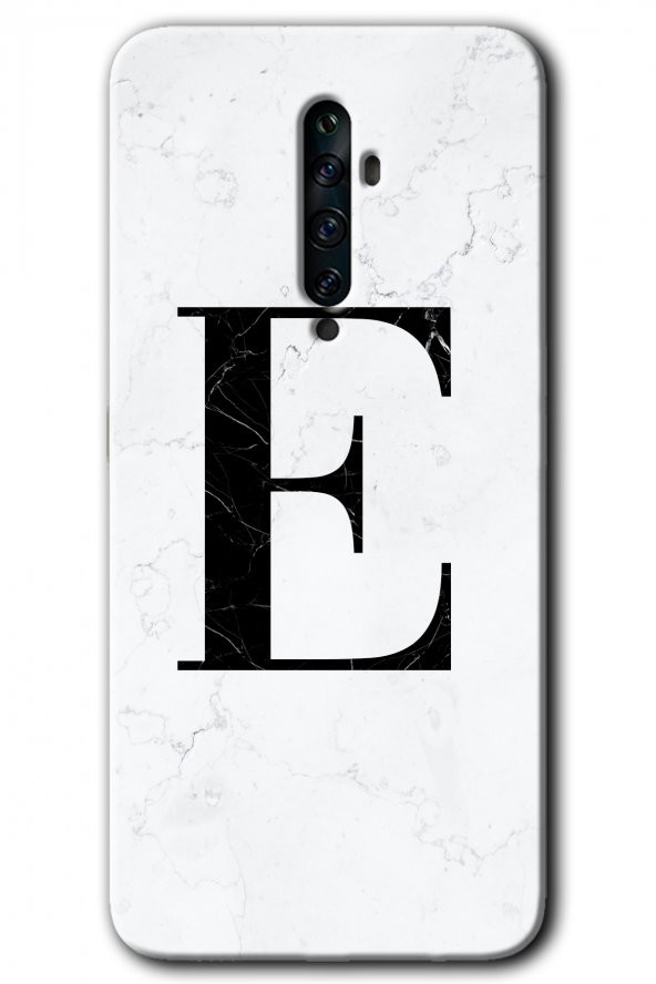 Oppo Reno 2z Kılıf HD Desen Baskılı Arka Kapak - Beyaz Mermer Desenli E Harfi