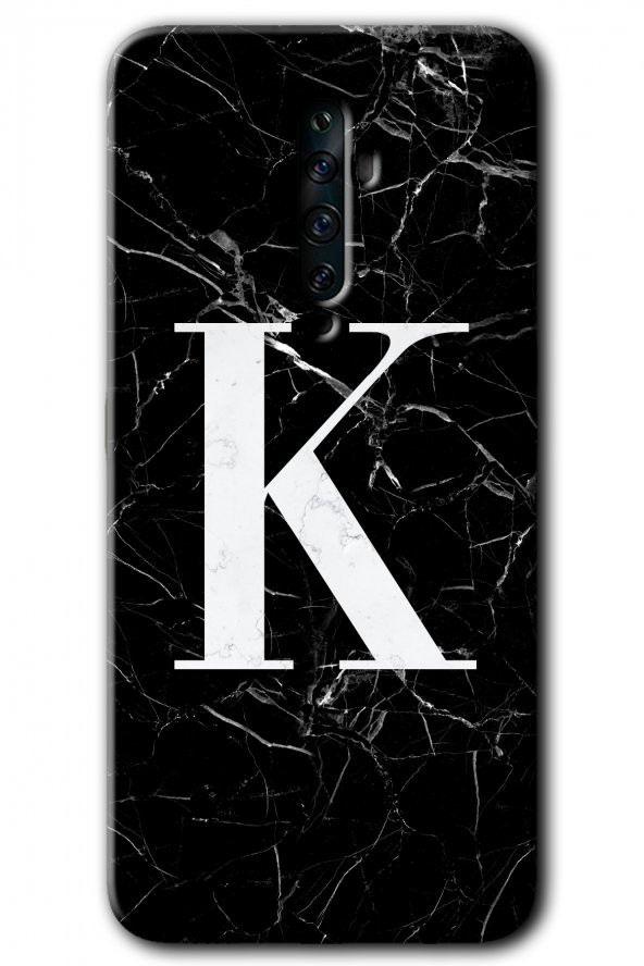 Oppo Reno 2z Kılıf HD Desen Baskılı Arka Kapak - Siyah Mermer Desenli K Harfi