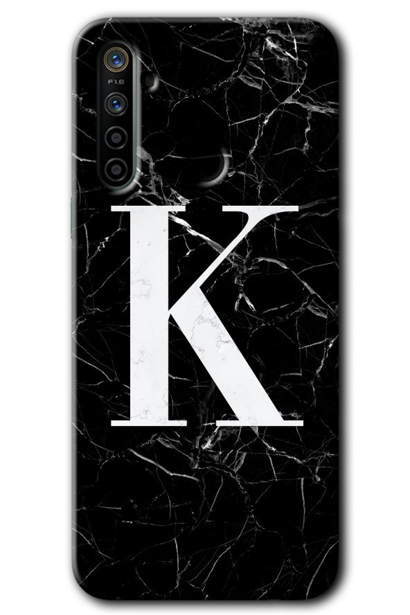 Realme 5i Kılıf HD Desen Baskılı Arka Kapak - Siyah Mermer Desenli K Harfi - 1