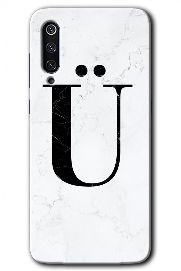 Xiaomi Mi 9 Kılıf HD Desen Baskılı Arka Kapak - Beyaz Mermer Desenli Ü Harfi
