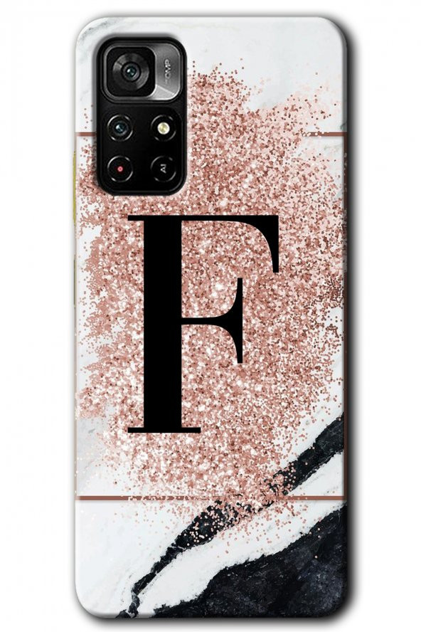 Poco M4 Pro 5G Kılıf HD Desen Baskılı Arka Kapak - Pembe Mermer Desenli F Harfi